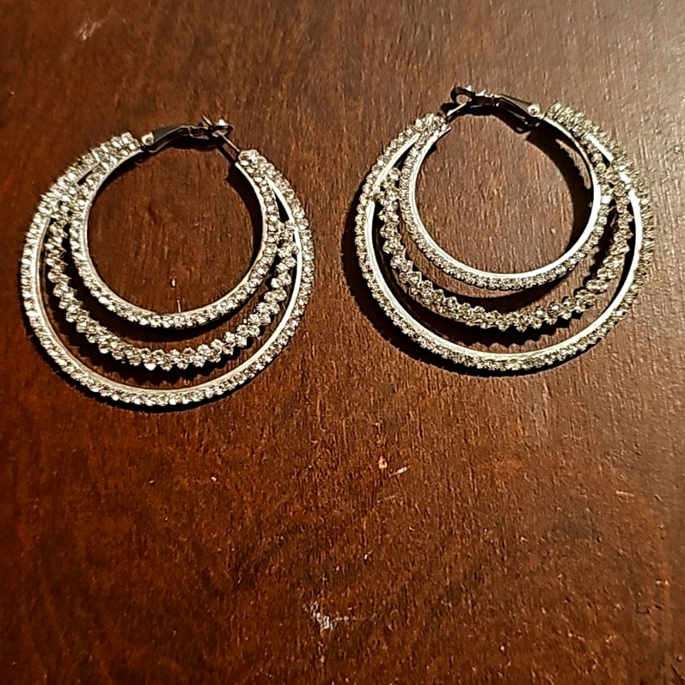 Silvertone Large (2.5"×2.5") Hoop Earrings, Pierce, w/Crystal & Rhinestones